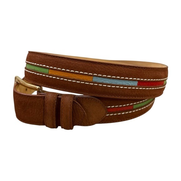 Leyva Handmade Brown Suede Leather Belt w Multicolor Inlay Men’s Size 38 - Picture 6 of 9